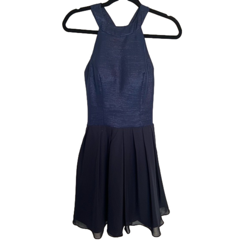 HIGH neck halter navy blue shimmer a line ballet cocktail dress
